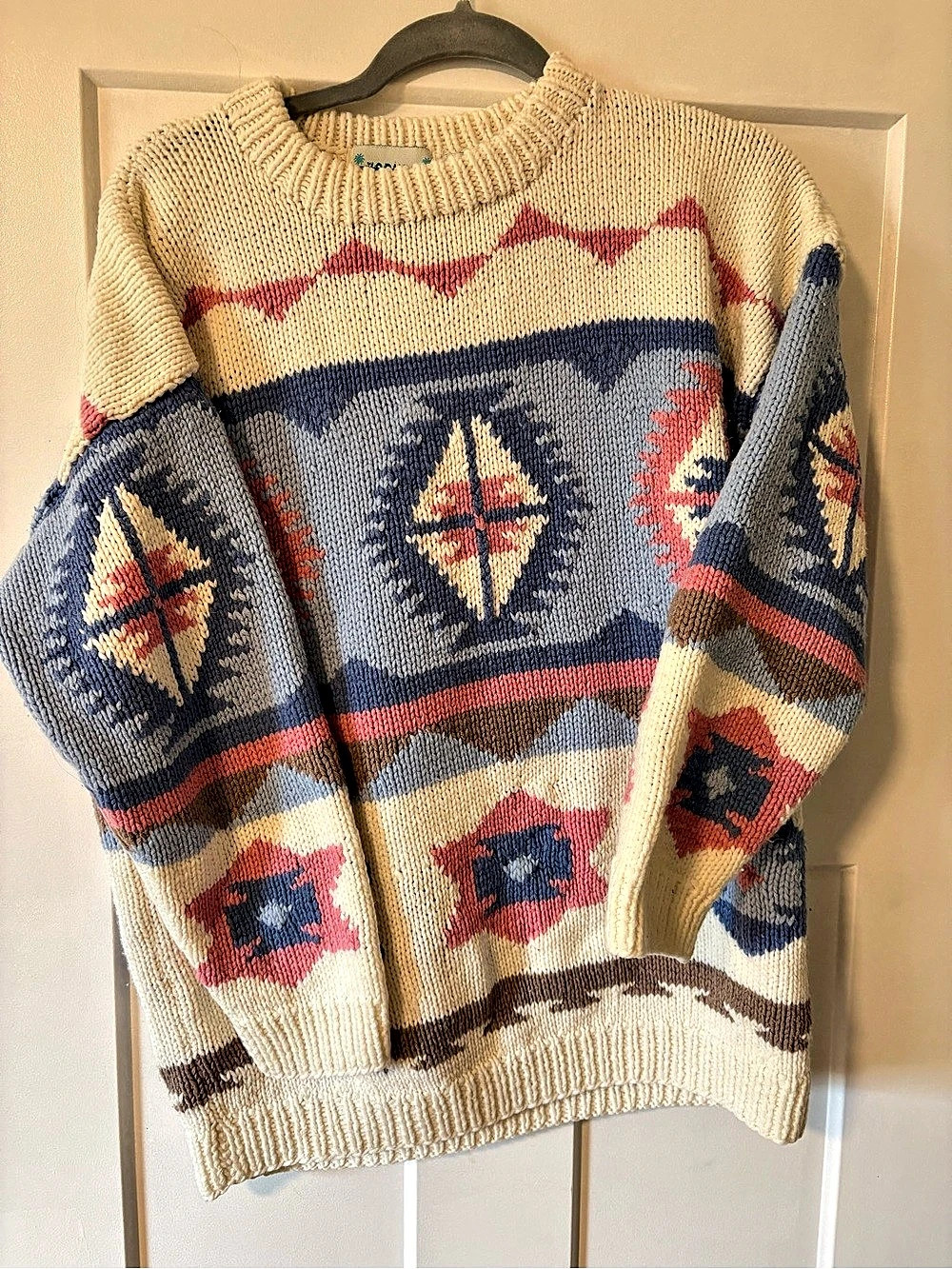 KARUBA Geometric Knit Sweater in Cream & Blue Like New